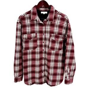 Cleo + Wolf Womens Buffalo Plaid‎ Red Brown Shacket Jacket Fleece Lined Size L